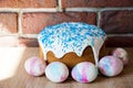 Egg hunt. Traditional food cooking. Painted eggs. Easter cake on table. Happy easter. Dessert. Backery. Spring holiday preparation Royalty Free Stock Photo