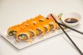 Egg imitation crabmeat cucumber roll sushi Royalty Free Stock Photo