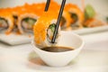 Egg imitation crabmeat cucumber roll sushi Royalty Free Stock Photo