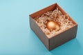 Egg made of gold in a wooden box on a blue background. The concept of exclusivity and superprize. Minimalistic composition