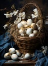 An egg nest with other items on top. A basket filled with eggs sitting on top of a table Royalty Free Stock Photo