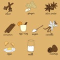 Egg-nogg winter warming recipe. Egg shake made from milk, eggs, sugar, nutmeg, cinnamon, vanilla, star anise, ginger, clove. Use