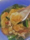 Egg noodle and shrimp wonton soup.Shrimp wonton with braised pork in soup.shrimp wonton soup Hong Kong style Royalty Free Stock Photo