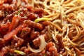 Egg noodles with bean sprouts and Crispy shredded beef on black plate Royalty Free Stock Photo