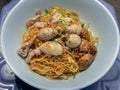 Egg Noodles with braised pork stewed pork, fresh pork and pork balls without soup sprinkled with pepper and chopped onions in