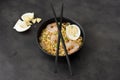 egg noodles with shrimps, green onions and spices Royalty Free Stock Photo