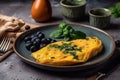 Egg omelet. The breakfast is beautifully served in the restaurant. Generative AI Royalty Free Stock Photo