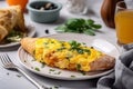 Egg omelet. The breakfast is beautifully served in the restaurant. Generative AI Royalty Free Stock Photo