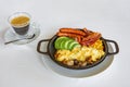 Egg omelet sausage meat vegetables cucumber tomato Royalty Free Stock Photo