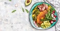 Egg omelette with asparagus, fried egg, avocado, arugula, bacon ham and cheese. Low carb high fat breakfast. Keto breakfast. Royalty Free Stock Photo