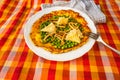 Egg omelette, boiled pea, shimeji mushroom and rose-shaped cheese on table Royalty Free Stock Photo