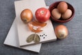 Egg, onion, tomato, garlic and spices Royalty Free Stock Photo