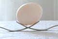 Egg over two forks as a monument close-up, macro Royalty Free Stock Photo