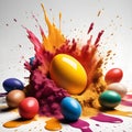 An egg painted yellow falls into the paint pile.