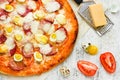 Egg pizza with mozzarella and tomatoes Royalty Free Stock Photo