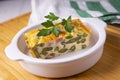 Egg pudding, green beans and baked ham. Royalty Free Stock Photo