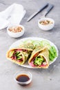 Egg rolls filled with pastrami, vegetables and green onions on a plate, sprouted grains and soy sauce in bowls on the table. Royalty Free Stock Photo