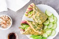 Egg rolls filled with pastrami, vegetables and green onions on a plate, sprouted grains and soy sauce in bowls on the table. Royalty Free Stock Photo