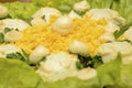 Egg salad with mayonnaise. Small yolk, halves of chicken eggs, green leaves and mayonnaise.