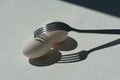 Egg with shadow from the fork.Minimalism. Cooking pastries, omelets. Easy. Shadows and light.