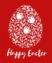 Vector egg shape with folk flowers and leaves on the red background. Vector illustration with lettering