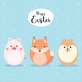 Egg Shaped animals Character Set for Easter day, Easter eggs paint. A Cute Pig, Fox and Dog character on sky blue background Flat