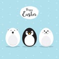 Egg Shaped animals Character Set for Easter day, Easter eggs paint. A Cute Polar Bear, Penguin, Baby Seal Pup character on sky
