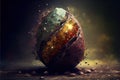 Egg-shaped magical stone and glowing particles. Fantasy art. AI generated