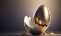 an egg shell with a broken egg inside of it on a dark background with golden eggshells around it, with a light shining on the