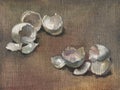 Egg shells and broken eggs. Oil painting on canvas