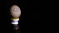 Egg sidine on the toilet, black background. The egg has a pencil-drawn face