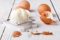Egg slicer - cutter on white table Royalty Free Stock Photo