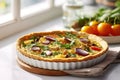 Egg and spinach quiche with cherry tomatoes on a plate in the kitchen. A healthy breakfast menu. Royalty Free Stock Photo