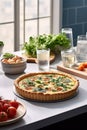 Egg and spinach quiche with cherry tomatoes on a plate in the kitchen. A healthy breakfast menu.