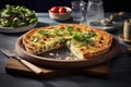 Egg and spinach quiche with cherry tomatoes on a plate in the kitchen. A healthy breakfast menu. Royalty Free Stock Photo