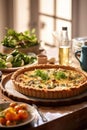 Egg and spinach quiche with cherry tomatoes on a plate in the kitchen. A healthy breakfast menu.