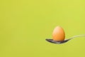 Egg on a spoon on a mustard background. Easter composition, copy space, flat lay