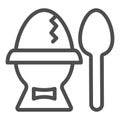 Egg on stand and teaspoon line icon. Boiled egg in an egg cup with spoon outline style pictogram on white background