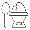 Egg on stand and teaspoon thin line icon. Boiled egg in an egg cup with spoon outline style pictogram on white