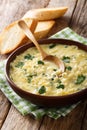 Egg stracciatella with farfalline pasta and cheese close-up in a Royalty Free Stock Photo