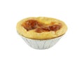 Close-up single egg tart in aluminum foil paper cup isolated on white background Royalty Free Stock Photo