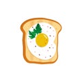 Egg toast. Fresh toasted bread with fried egg. Delicious egg sandwich with sesame seeds, seasoning and dill. Yummy breakfast.