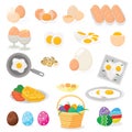 Egg vector easter food and healthy eggwhite or yolk in egg-cup or cooking omelette in frying pan for breakfast