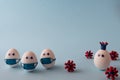 Egg wearing corona, eggs wearing medical mask for stop coronavirus and models of covid-19 virus on blue background. Epidemic