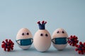 Egg wearing corona, eggs wearing medical mask for stop coronavirus and models of covid-19 virus on blue background. Epidemic