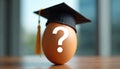 Egg wearing graduation cap with question mark. Education concept, symbol of learning, knowledge, graduation. Illustrates higher Royalty Free Stock Photo