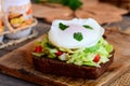 Vegetable salad and poached egg sandwich. Poached egg on rye bread slice with fresh cabbage, cucumber, red pepper and parsley