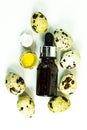 Egg whey in small glass bottles on a white background. Essential oil of quail eggs. Egg facial serum in a cosmetic bottle. Royalty Free Stock Photo