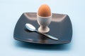 egg in a white cup with a spoon on a black plate isolated against a blue background Royalty Free Stock Photo