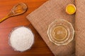 Egg yolk and albumen on a wooden table